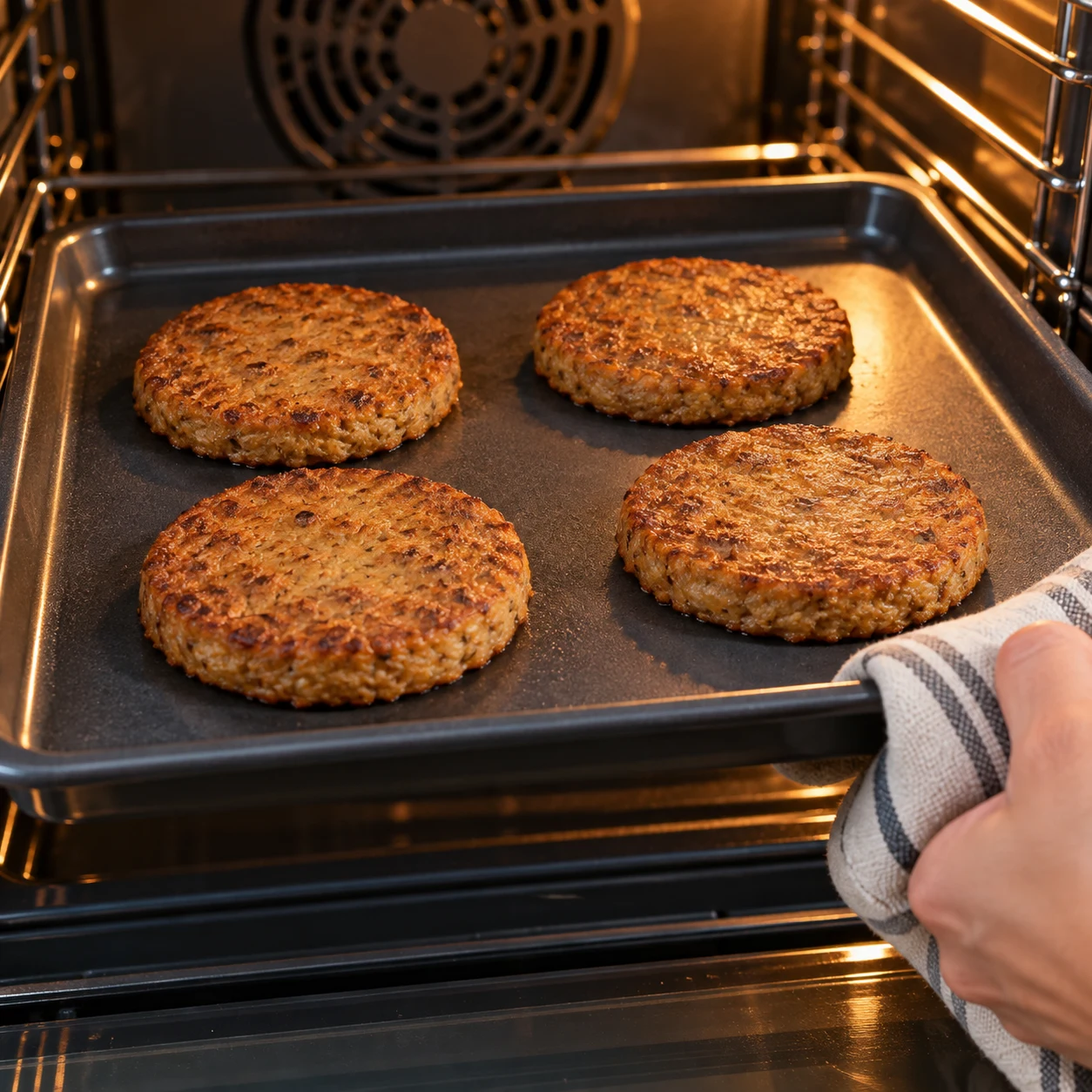 Steaks végétaux de pois sur une plaque de cuisson propre, en train de cuire au four, sans huile ajoutée.