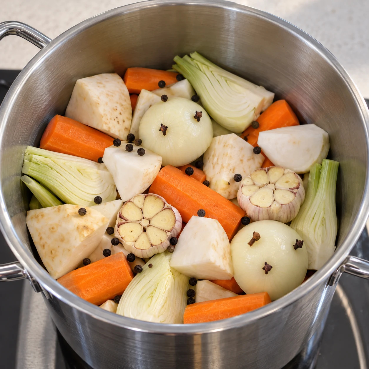 Photo culinaire carrée de l’action : Réunir les légumes. Le fond du faitout contient tous les légumes préparés et les aromates. Seulement Carotte, Navet frais, Céleri-rave frais, Fenouil frais, Oignon frais, Ail frais, Poivre noir en grains, Clous de girofle. Mains adultes anonymes seulement si le geste le nécessite, aucun texte, visage, bijou ou viande.