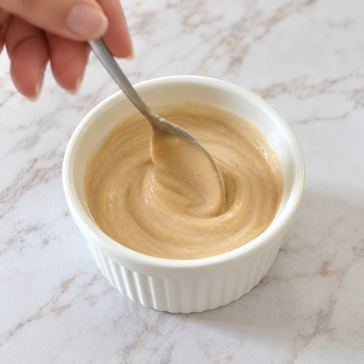 Cuillère mélangeant une crème beige de yaourt soja et purée de cacahuète dans un ramequin blanc.