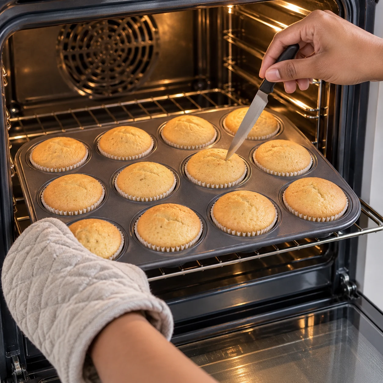 Cuire les cupcakes : La pointe du couteau ressort sèche et la surface est légèrement dorée.