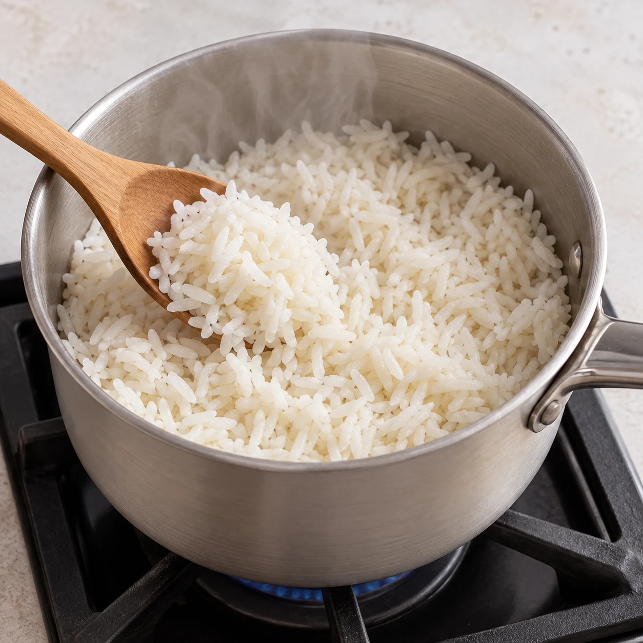 Pendant le mijotage, faites cuire le riz choisi pour le service ; suivez les indications de son emballage, la source ne donnant ni quantité ni durée. Une seule scène et une seule phase ; ne montrer que les ingrédients autorisés à cette étape.
