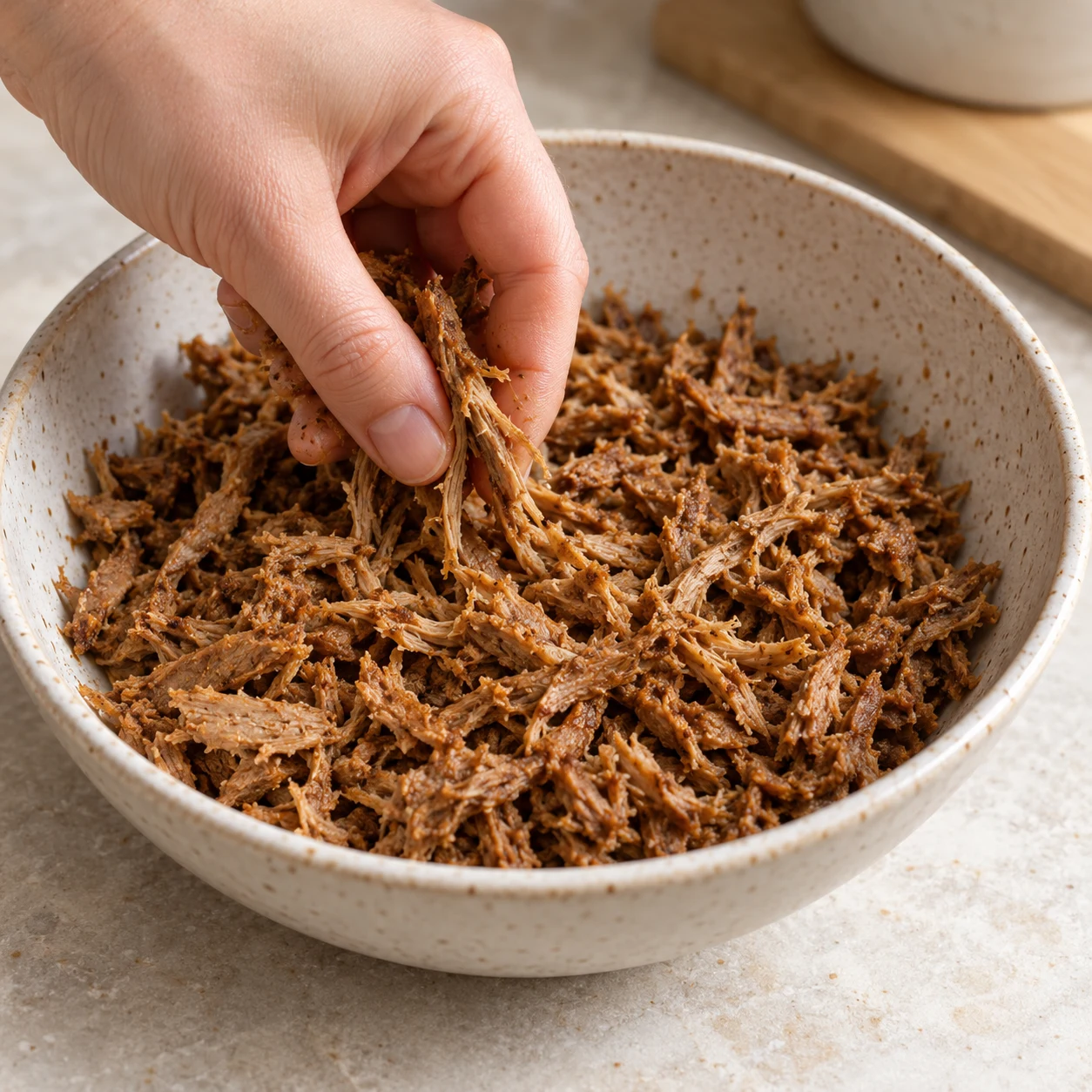 Main adulte anonyme qui effiloche des morceaux de steak végétal bruns en fibres dans un bol en grès.