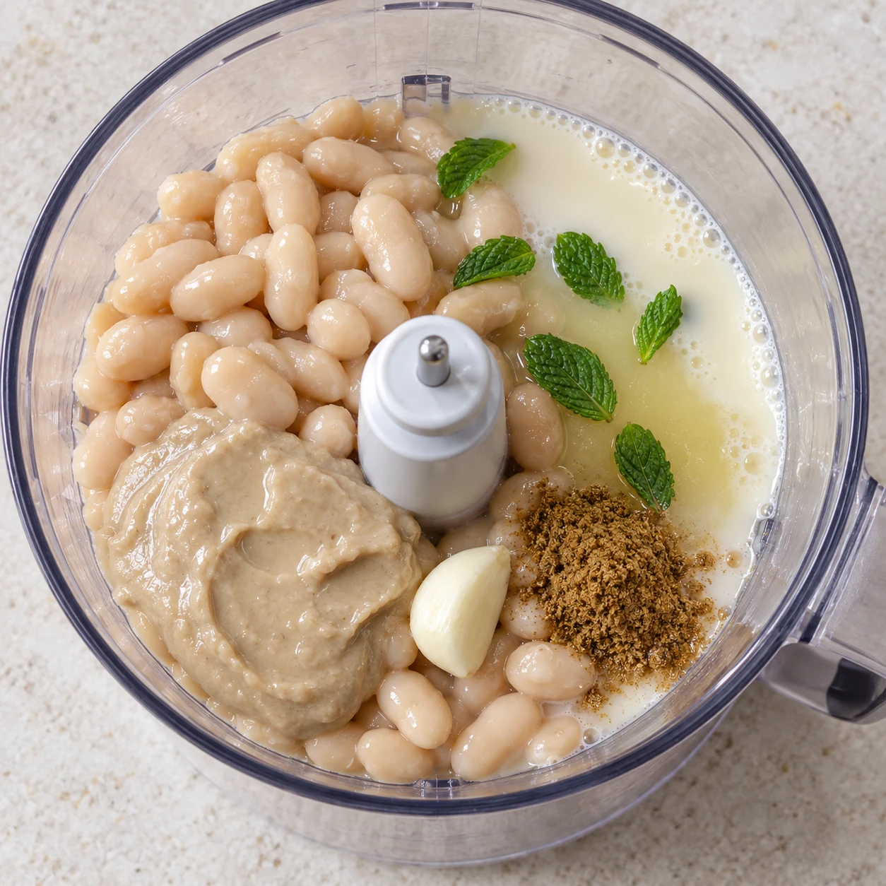 Bol de mixeur contenant haricots blancs cuits égouttés, tahini blanc, gousse d’ail, menthe fraîche, cumin, jus et boisson soja ; état avant mixage.