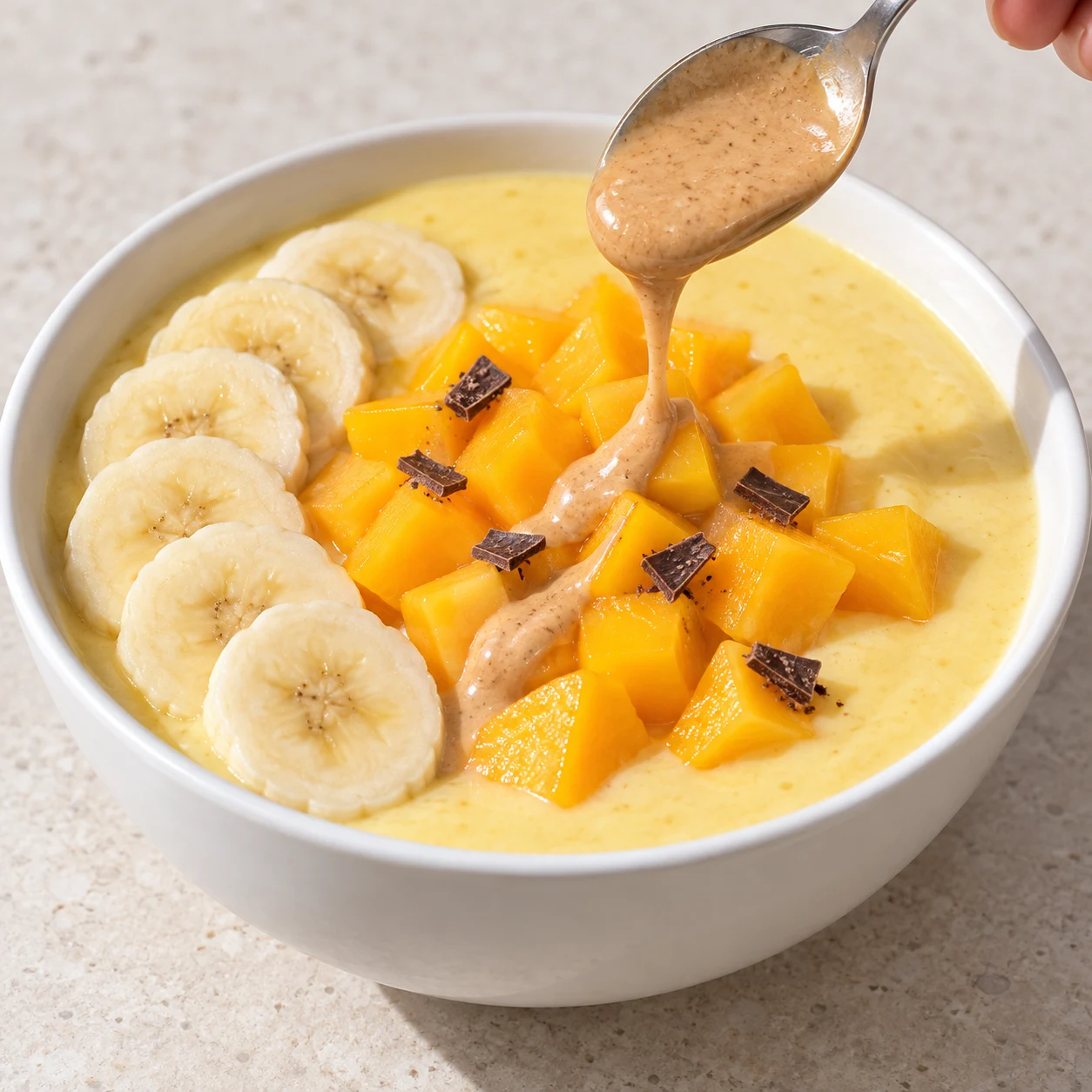 Bol garni de rondelles de banane et petits dés de mangue, copeaux noirs et filet de purée de cacahuète.