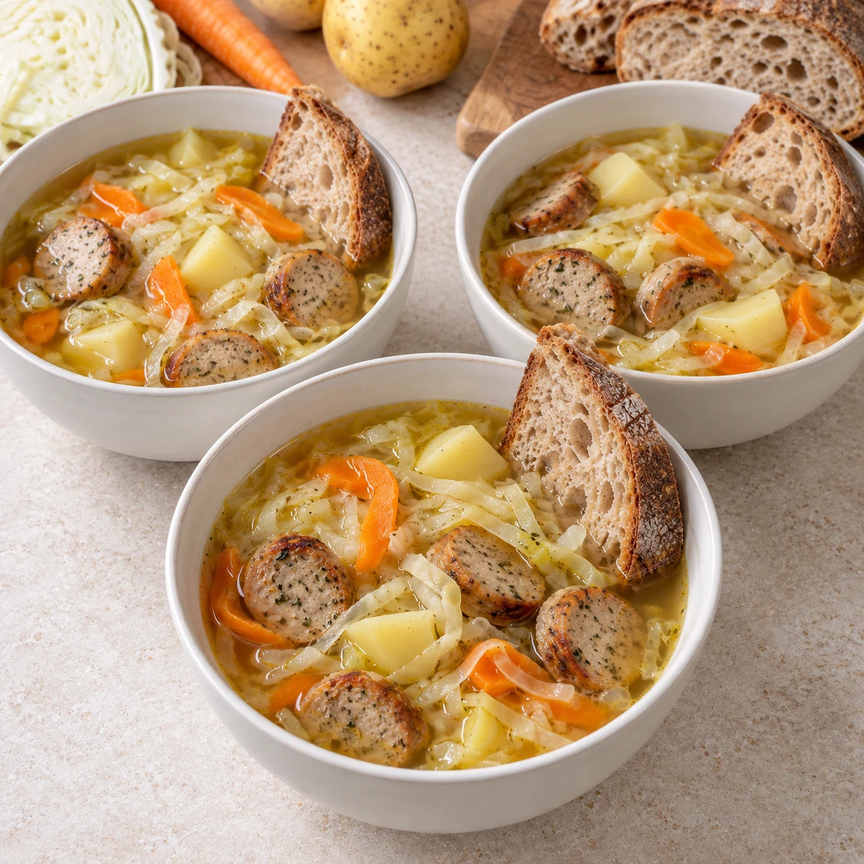 Un bol de soupe au chou blanc finement râpé, avec copeaux de carotte, demi-lunes de pommes de terre, rondelles de chipolatas végétales aux herbes et pain rustique, mêmes proportions que la capture adaptée.