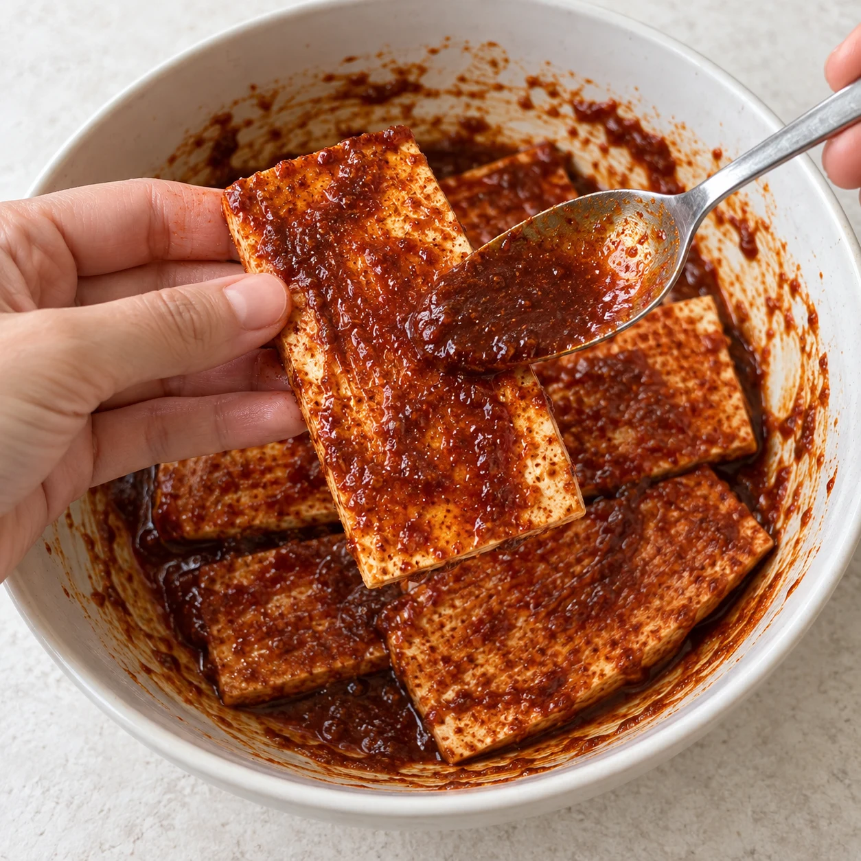 Une main adulte anonyme enrobe de marinade rouge une fine tranche de tofu avec une cuillère, au-dessus du bol.