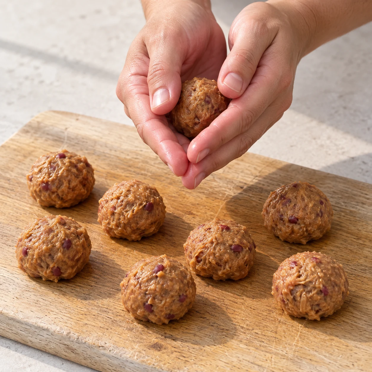 Mains roulant une petite boule de pâte orangée ; autres boules crues sur une planche.