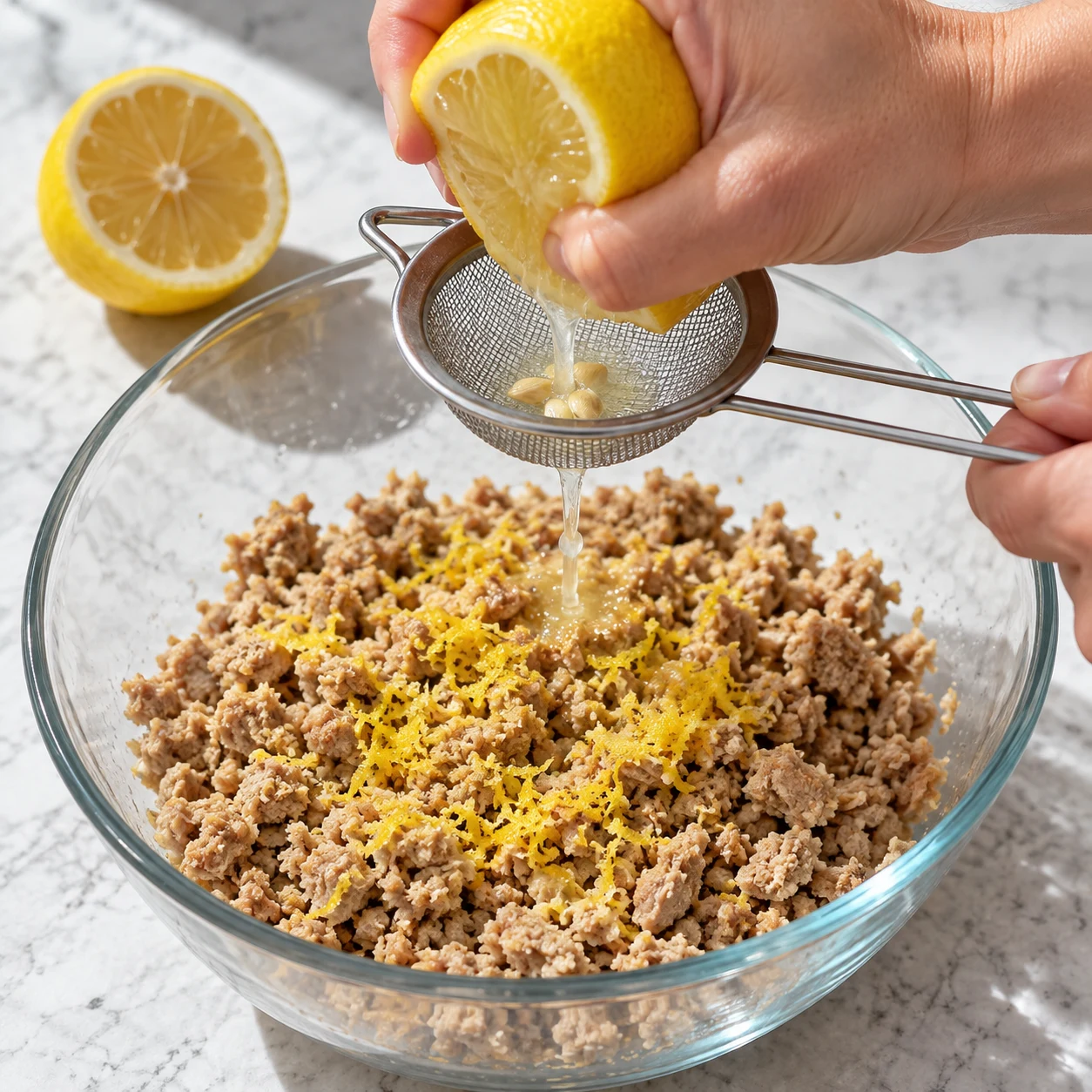 Une main presse une moitié de citron au-dessus des steaks émiettés et du zeste.