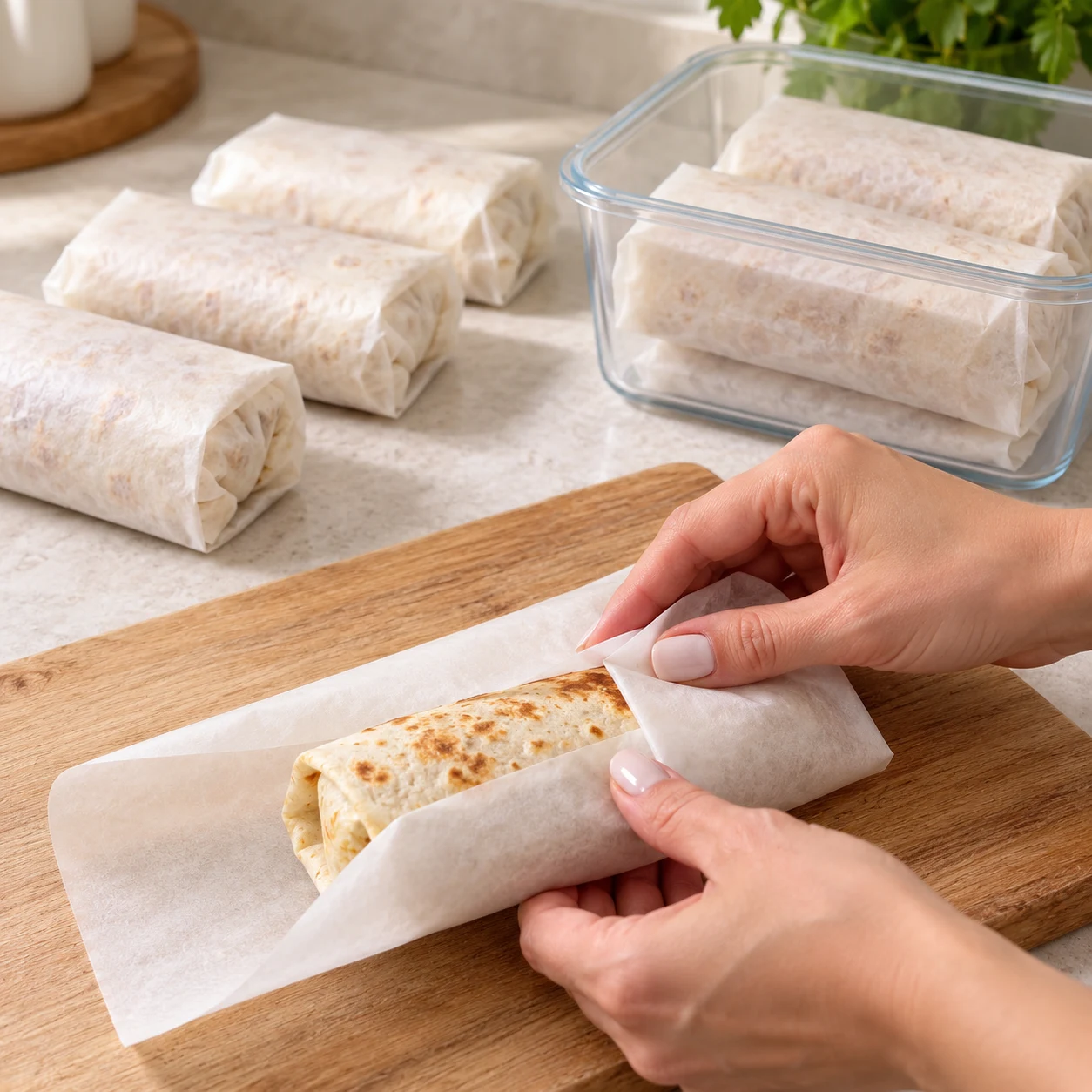 Laissez refroidir les burritos puis emballez-les individuellement dans du papier cuisson. Rangez-les dans une boîte ou un sac de congélation, en notant la date : la source indique trois jours au réfrigérateur ou deux mois au congélateur. Réfrigérez rapidement après refroidissement ; ces délais sont les conseils de la recette d’origine, pas une mesure de conservation de la variante. Montrer uniquement la phase décrite et la variante végane aux pois chiches.