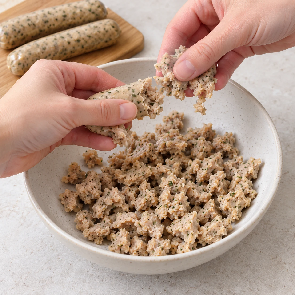 Émiette les chipolatas végétales aux herbes végétales en petits morceaux avant de les cuire.