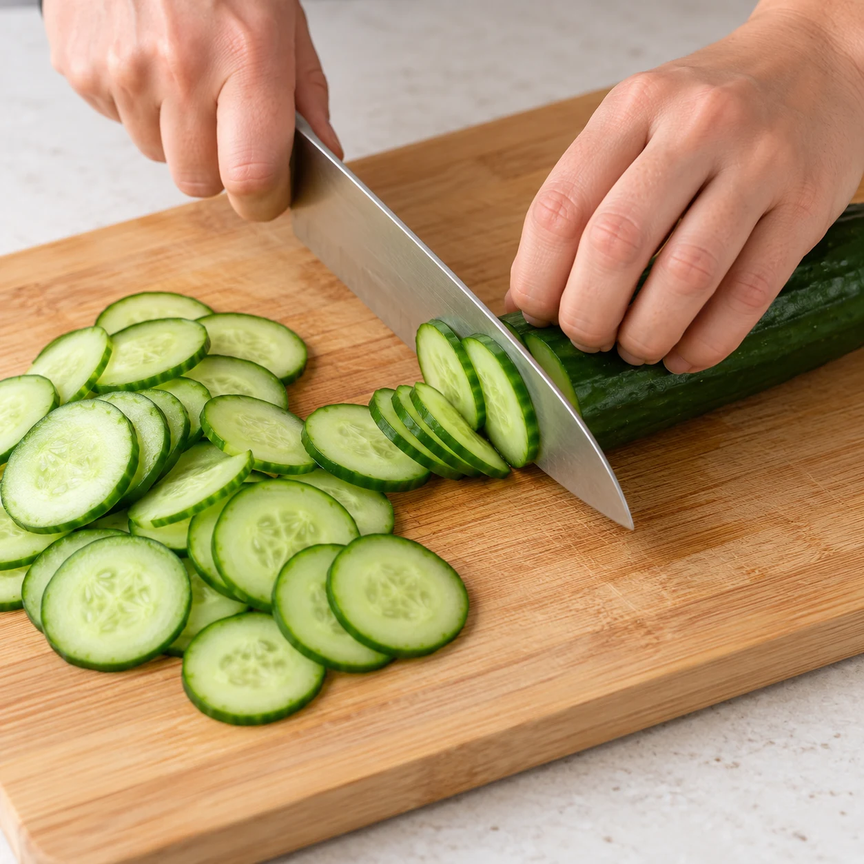 Rondelles fines de concombre avec peau verte découpées au couteau sur une planche stable.