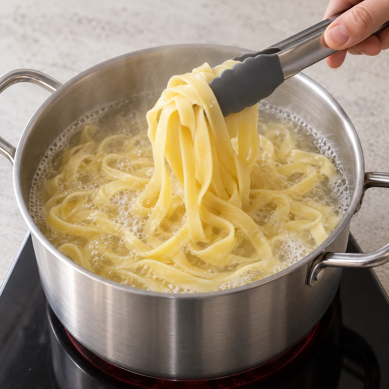 Tagliatelles en cours de cuisson dans une casserole d’eau.