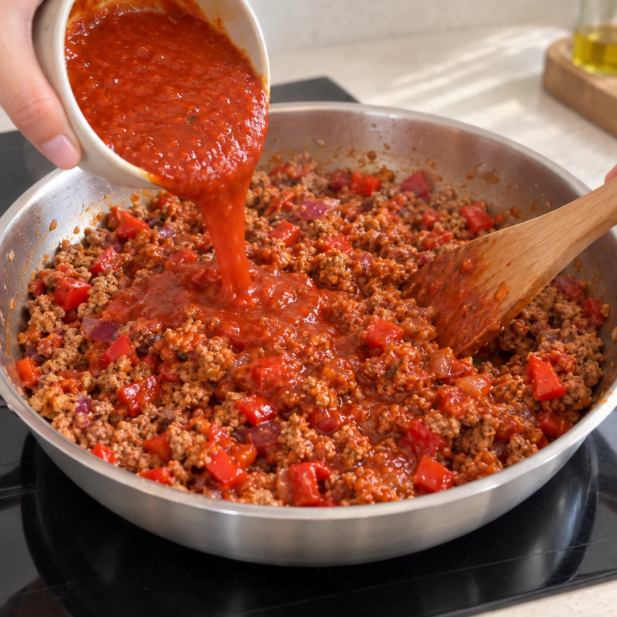 Sauce fajita rouge versée depuis un petit bol neutre dans la farce végétale aux poivrons.
