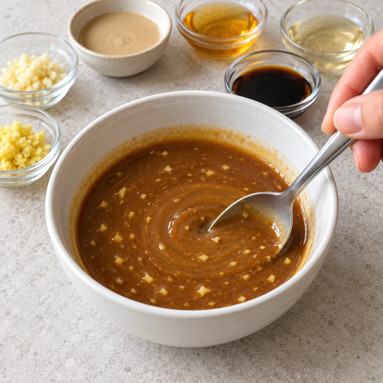 Mélange l’ail, le gingembre, 1 c. à soupe de tahini, 1 c. à soupe de sirop d’agave, 1 c. à soupe d’huile de sésame, 2 c. à soupe de sauce soja et 2 c. à soupe de vinaigre de riz.