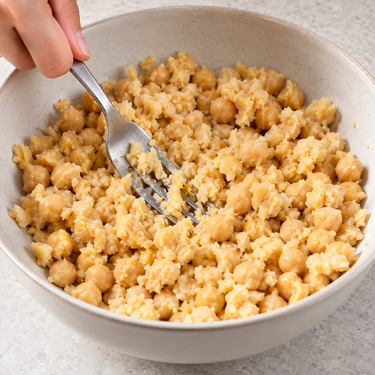 Égouttez les pois chiches, pesez 650 g de graines égouttées puis écrasez-les grossièrement à la fourchette. Gardez de petits morceaux pour la mâche de la garniture. Ce dosage appartient à la variante de disponibilité. Montrer uniquement la phase décrite et la variante végane aux pois chiches.