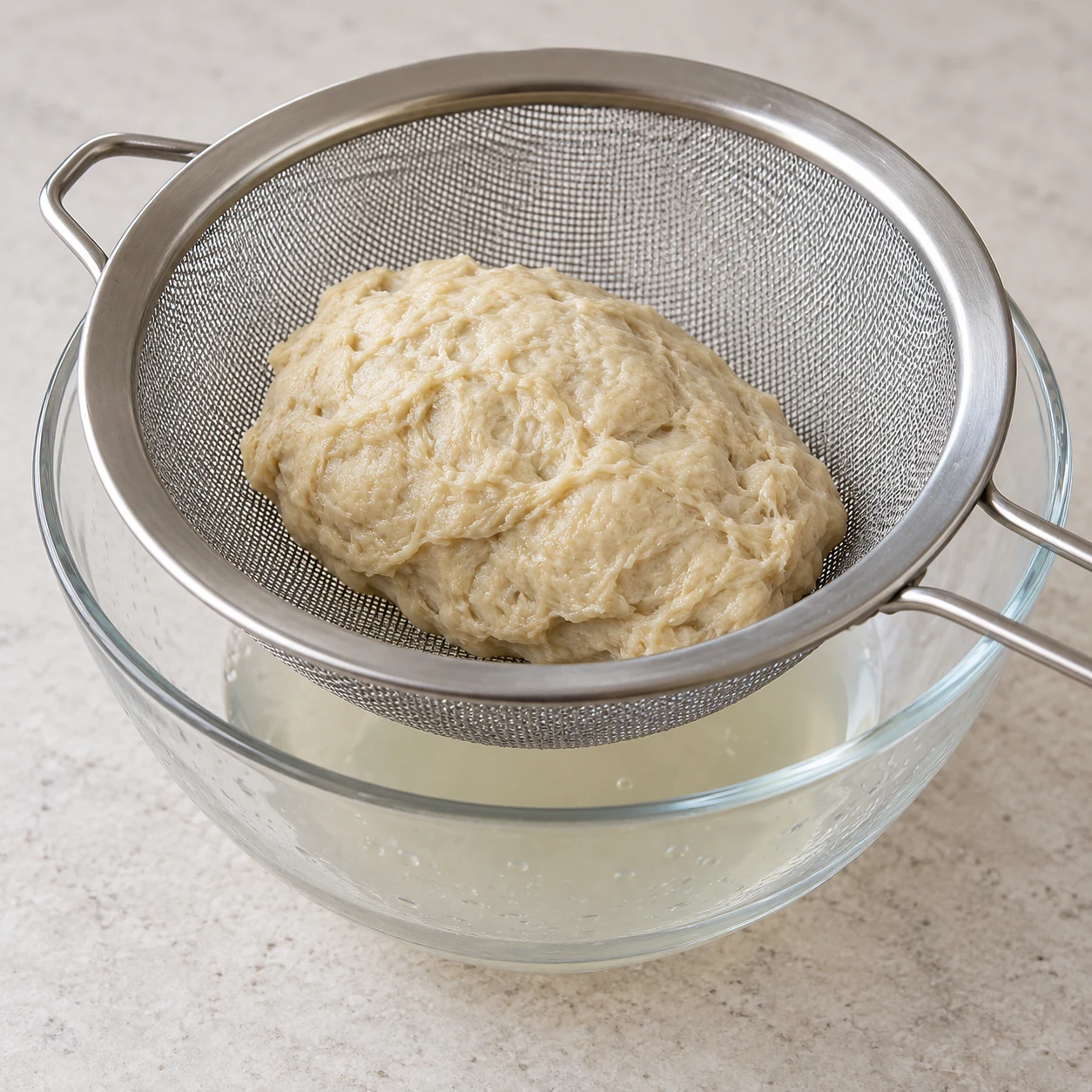 Égoutter le seitan : La pâte lavée est égouttée après 15 minutes de repos.