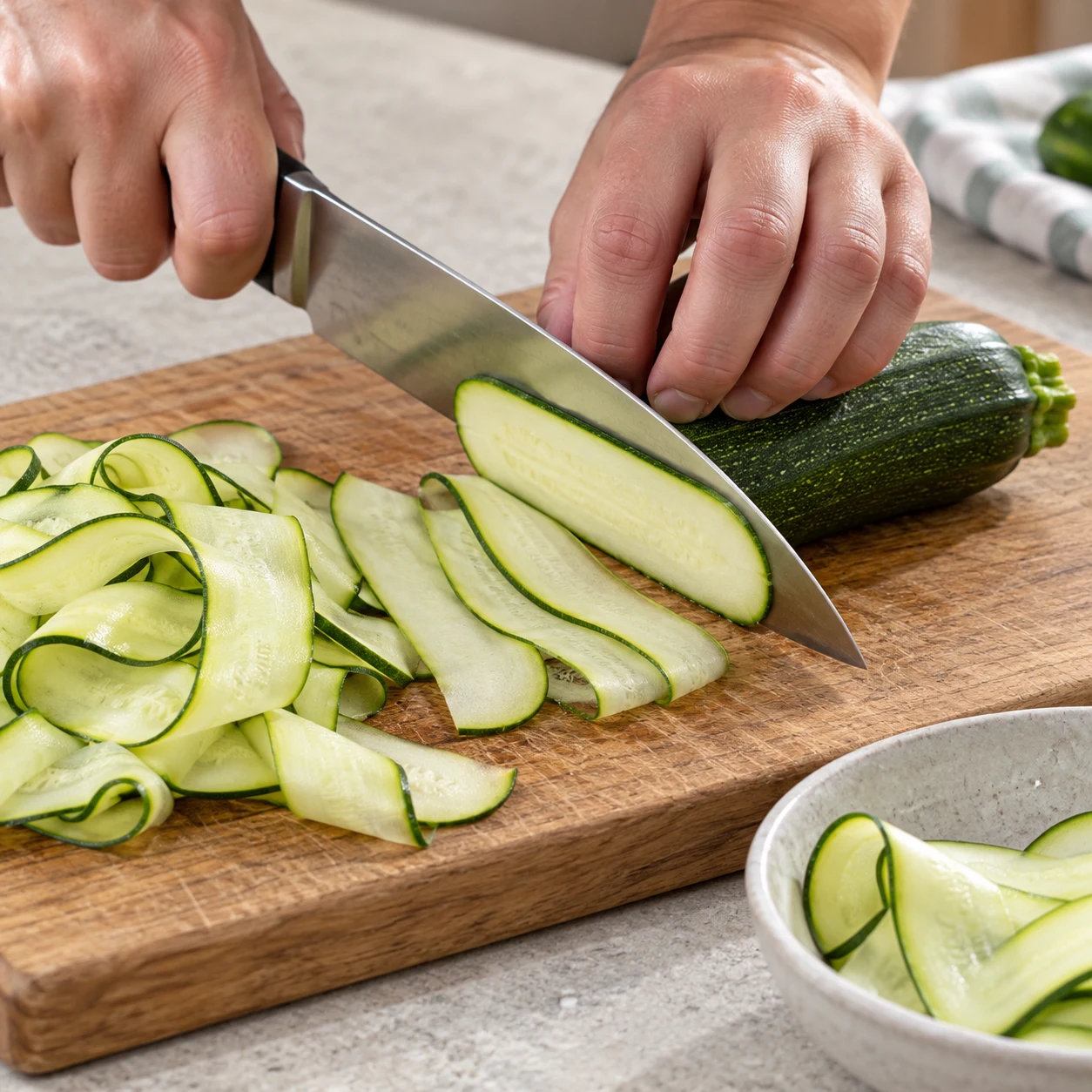 Coupe active de rubans fins de courgette verte, main en griffe, couteau sûr.