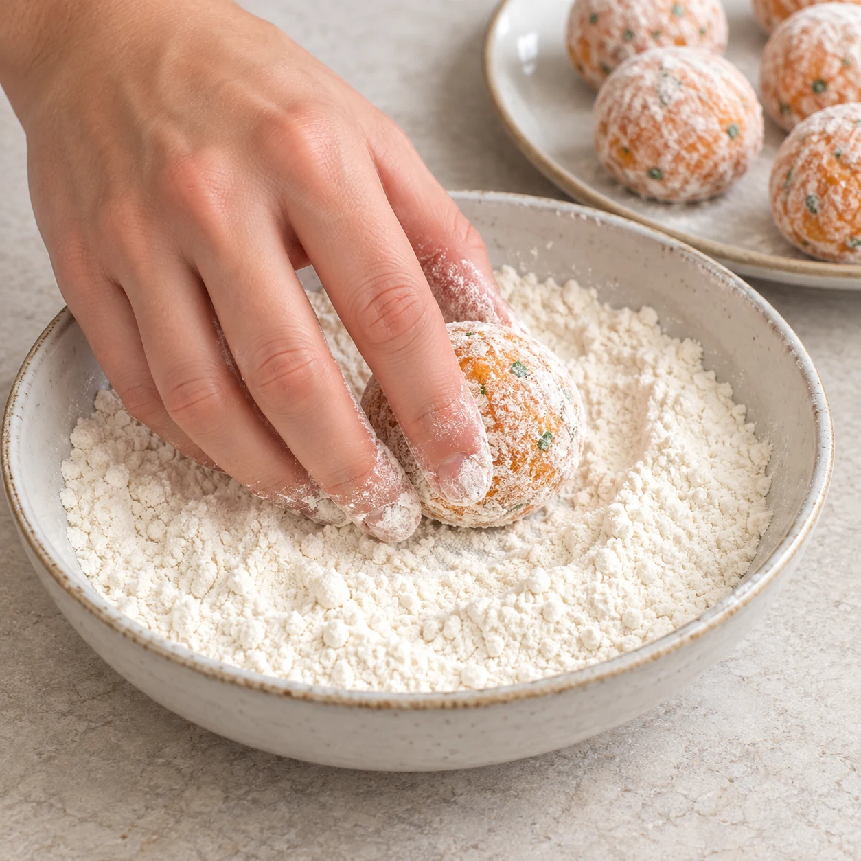 Une photographie carrée de cette seule action : Passe les boules dans la farine sèche réservée à la panure. Résultat attendu : Une fine pellicule de farine couvre les boules. Seulement les ingrédients de cette étape. Aucun ingrédient futur ni garniture ajoutée, aucun texte ni personne identifiable. Mains adultes anonymes seulement pour le geste. Le cœur adapté est crémeux légèrement jaune, sans persillage bleu.