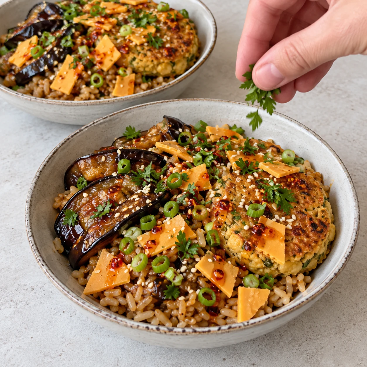 Garnis les assiettes avec les petits morceaux de tranches végétales saveur cheddar, les graines de sésame, un peu de persil et la tige verte de l’oignon nouveau. Ajoute un peu d’huile pimentée si tu choisis l’option épicée. Riz frit, lamelles d’aubergine caramélisées, galette de pois chiche et petits morceaux souples orangés de garniture végétale. Aucun œuf ni fromage laitier.