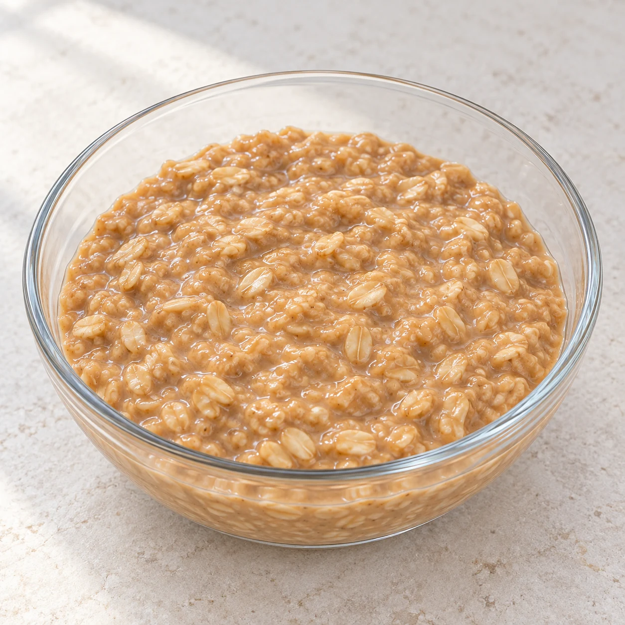 Montrer le bol de porridge brun hydraté et épaissi après le repos au frais, sans autre ingrédient.