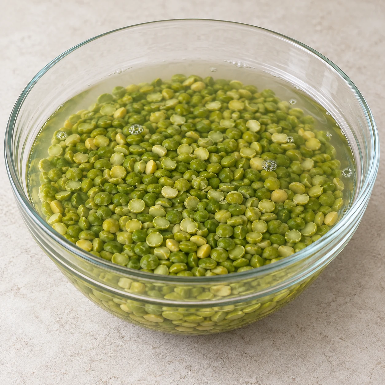 Pois cassés verts dans un bol d’eau, pas de légumes ni de riz.