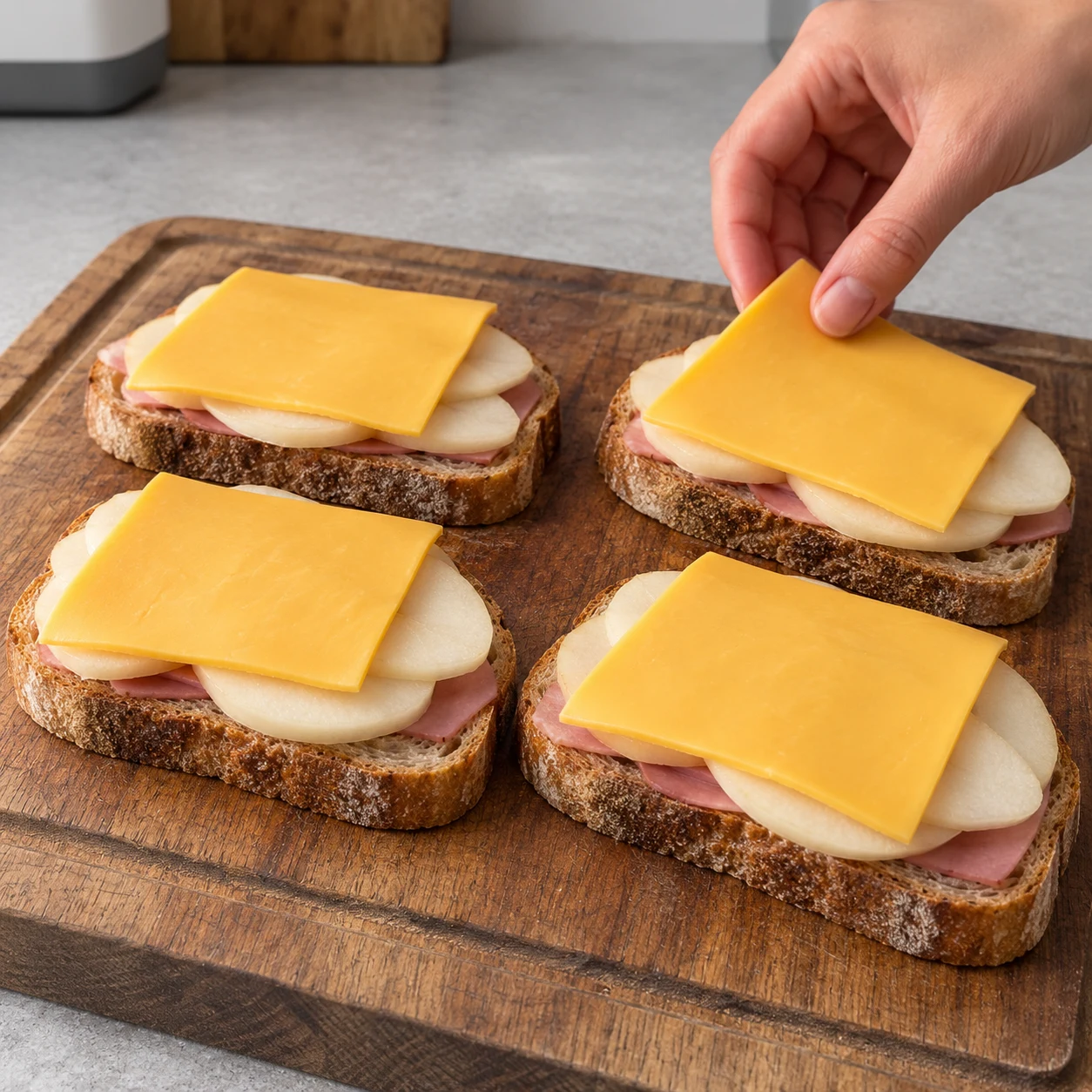 Répartis les 84 g de tranchettes végétales sur les quatre toasts, au-dessus de la poire. Montrer seulement les ingrédients de cette étape, les alternatives véganes acceptées et des mains adultes anonymes si nécessaire.