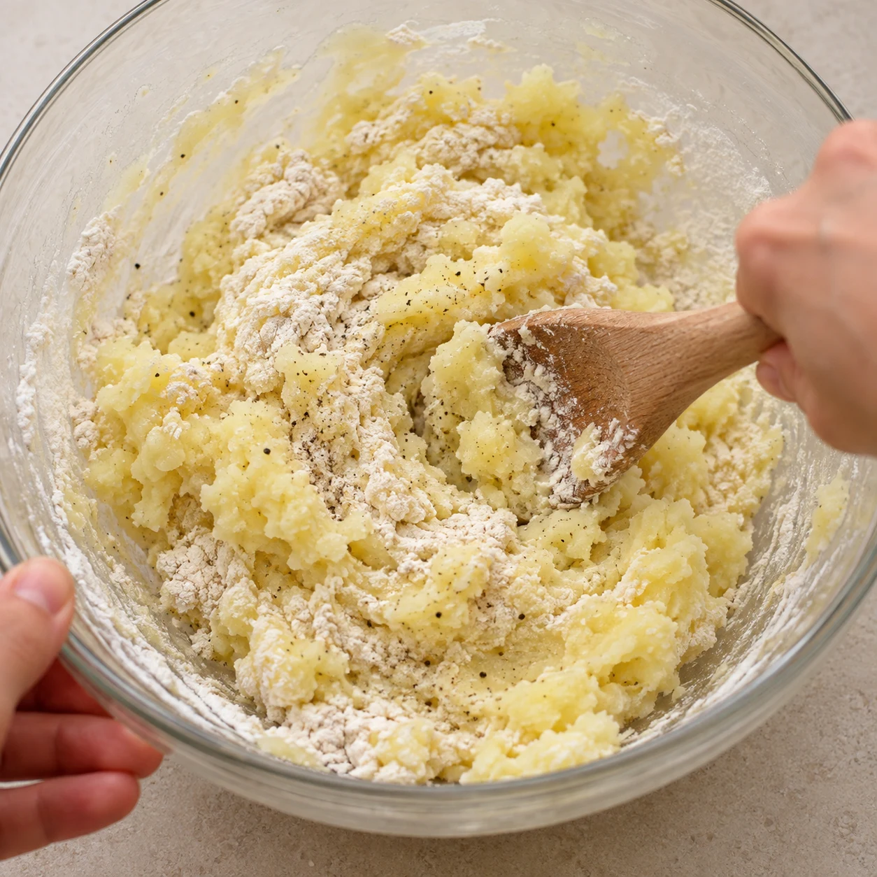 Ajoute les 120 g de farine, le sel et le poivre selon le goût à la purée refroidie, puis mélange. Montrer le geste et l’état attendu : La farine est répartie dans la purée.