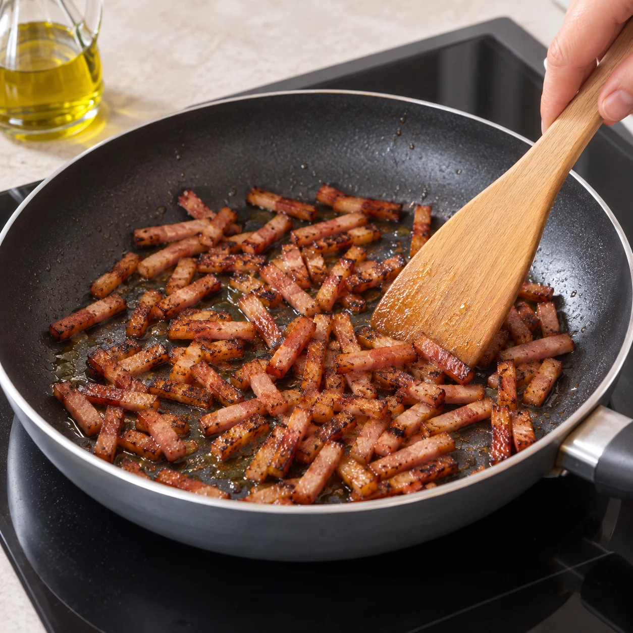 Des allumettes de lardons végétaux fumés roses et brunes dorent dans une poêle légèrement huilée, sans viande ni tofu.