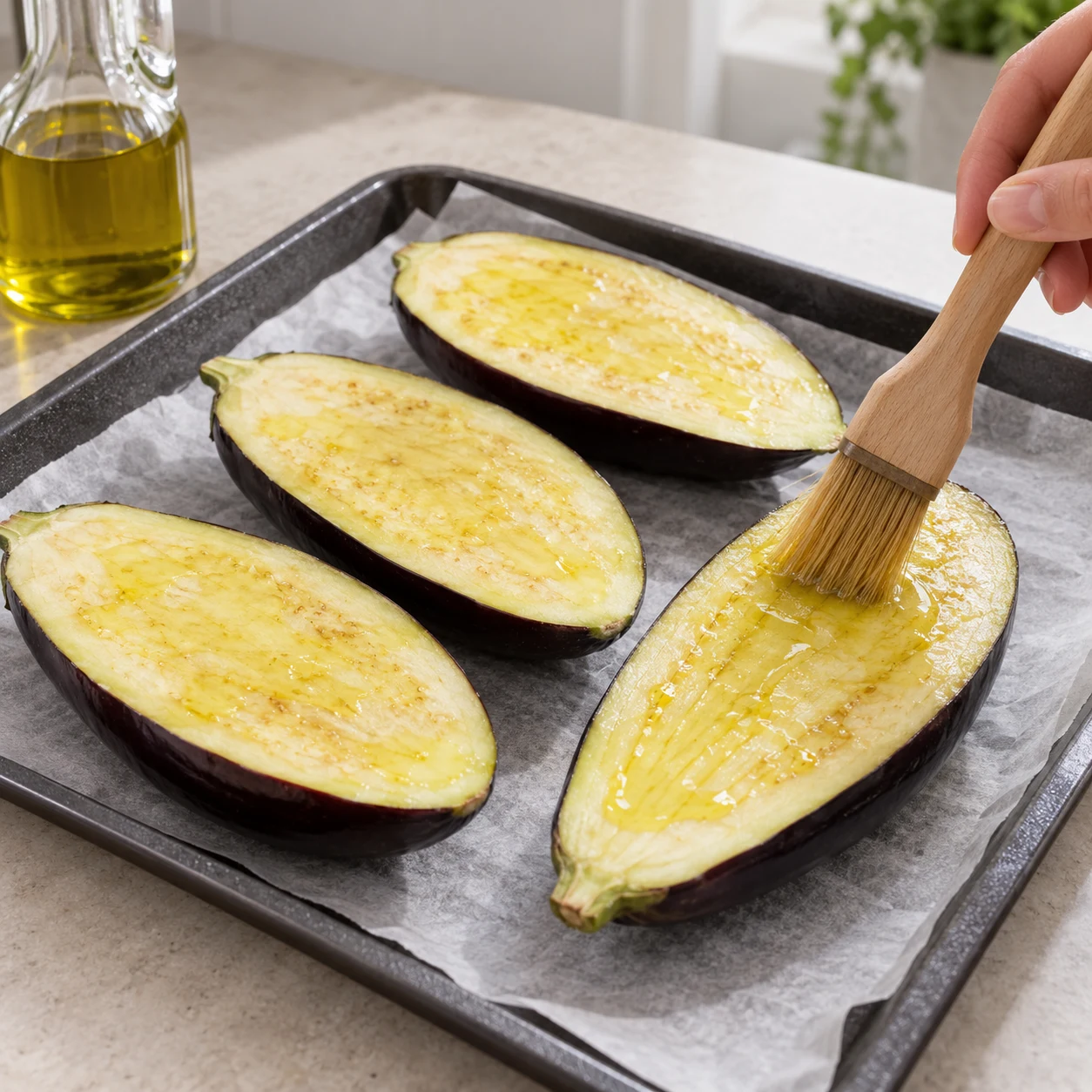 Posez les demi-aubergines sur une plaque, chair vers le haut, et badigeonnez-les d’un bon filet d’huile d’olive.