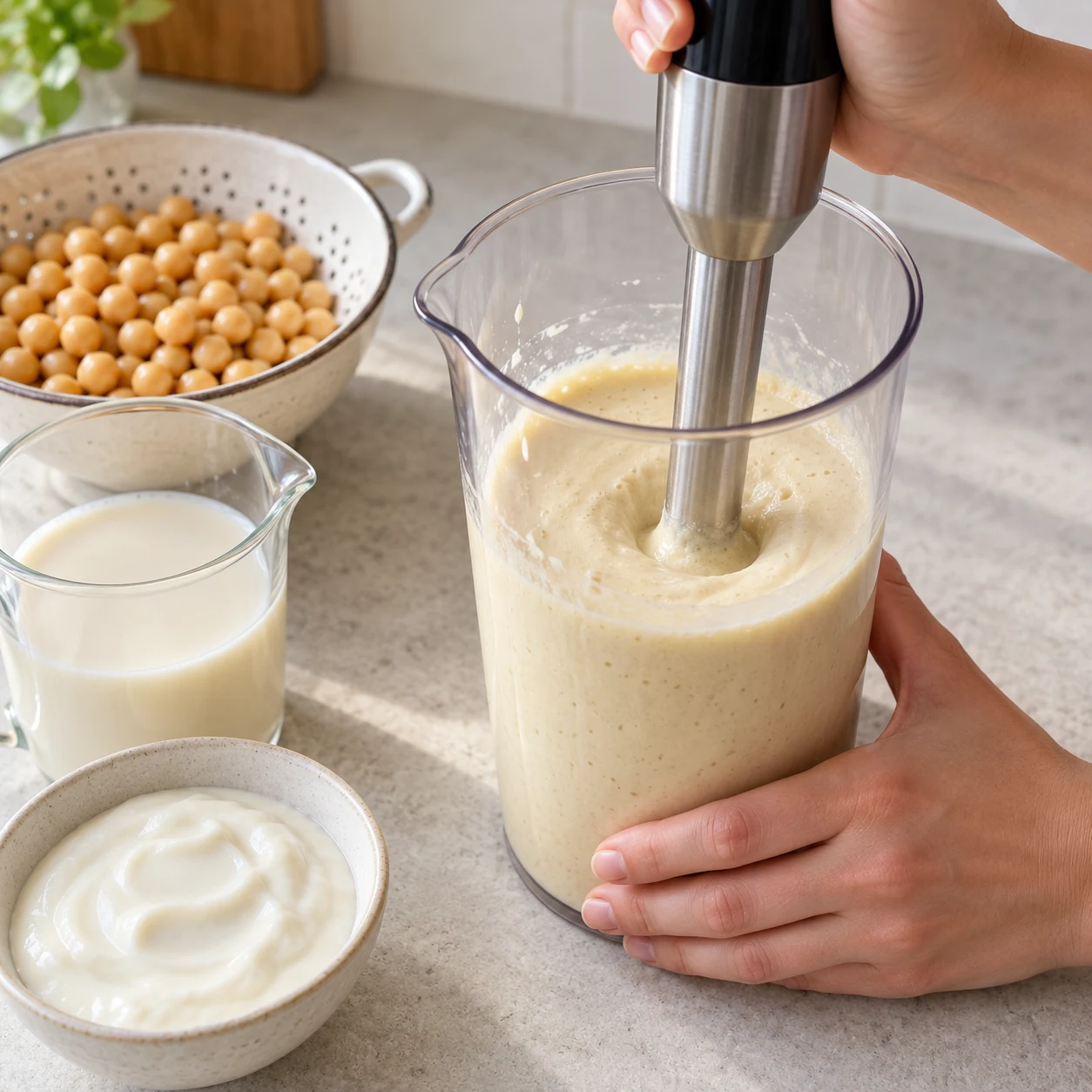 Un mixeur plongeant mélange une base végétale ivoire de pois chiches cuits, boisson au soja et yaourt de soja dans un récipient haut ; aucun œuf ni tofu.