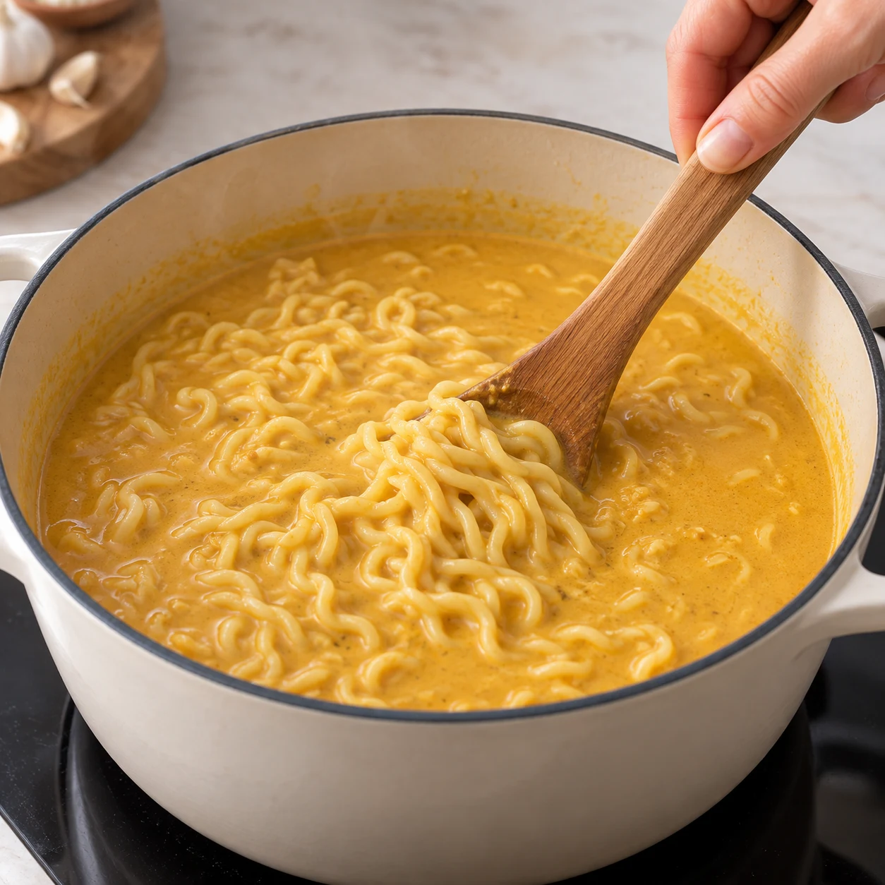 Cuire les nouilles. Ajoute les 400 g de nouilles au bouillon et cuis-les directement dedans jusqu’à ce qu’elles soient tendres ; suis le repère de cuisson de leur emballage. Résultat : Les nouilles sont souples et tendres sous la dent.. Uniquement : Pâte de curry doux, Purée de cacahuète, Sauce soja, Lait de coco, Bouillon de légumes en cubes, Eau pour le bouillon, Ail frais, Huile de tournesol, Nouilles chinoises sèches de blé sans œuf. Aucun ingrédient futur. Bouillon au curry doux ocre doré, crémeux ; non rouge vif.