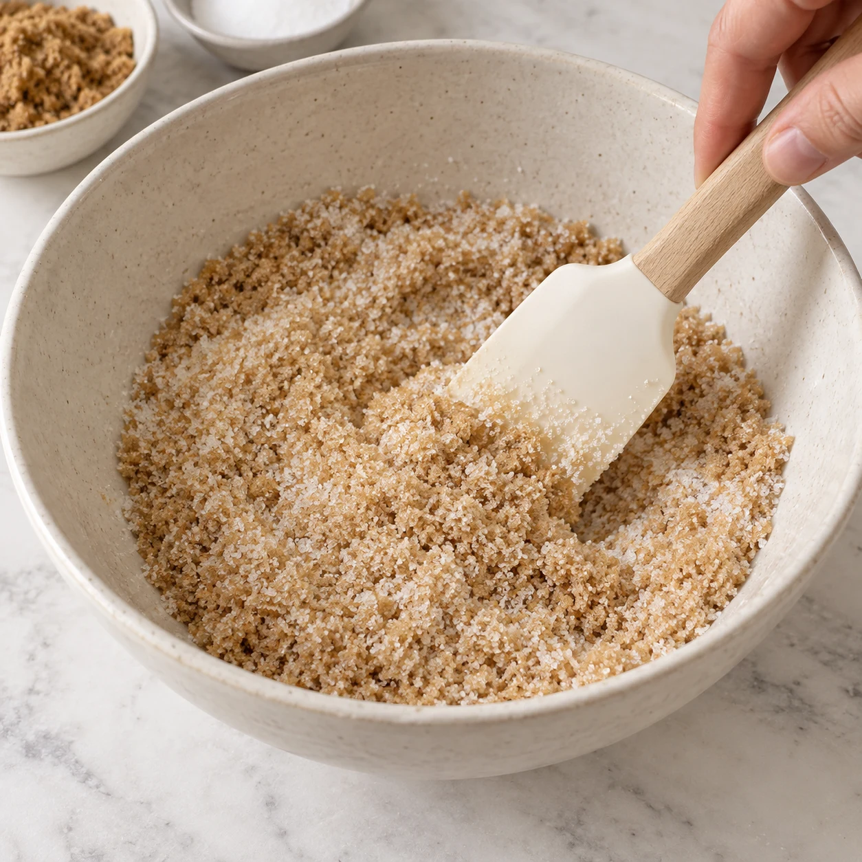 Spatule mélangeant deux sucres secs, cristaux bruns et blancs dans un saladier neutre.
