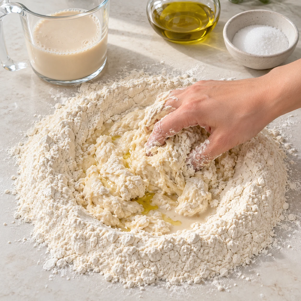 Versez le mélange de levure dans les 450 g de farine et incorporez les 2 càs d’huile d’olive et la càc de sucre.