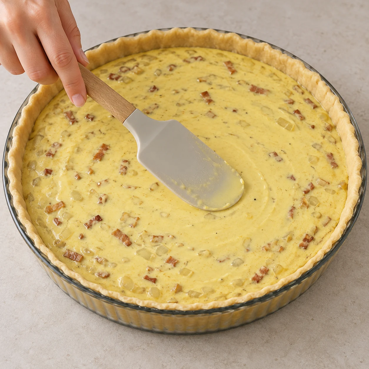 Une seule scène montrant lisser la surface, uniquement les ingrédients de cette phase. La surface de la quiche est régulière.