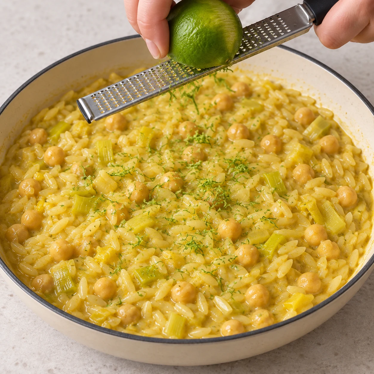 Râper le zeste de citron vert. De fines râpures vertes sont réparties en surface.. Reproduire une seule action, ingrédients exacts et phase exacte. Adapter les crevettes visibles en pois chiches cuits entiers uniquement après son ajout. Aucun ingrédient futur.
