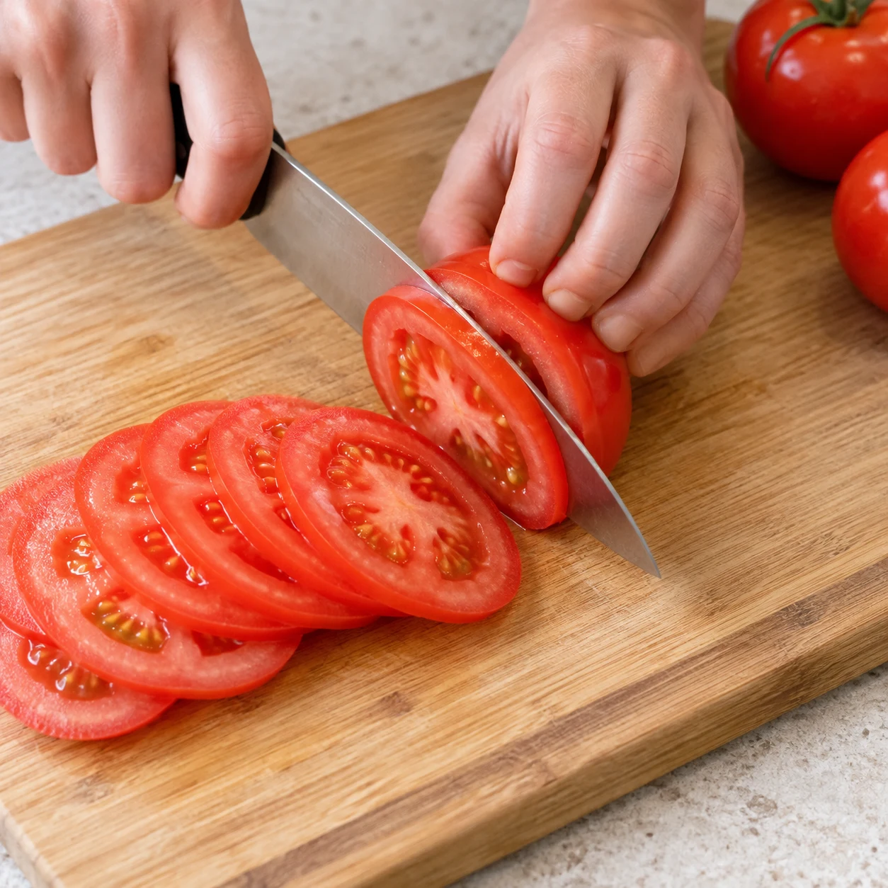 Une seule photographie carrée du geste « Trancher la tomate »: Coupe les 150 g de tomate en tranches fines, en tenant le fruit avec les doigts repliés. État obtenu: Les tranches sont régulières et assez fines pour le roulage.. Uniquement les ingrédients autorisés à cette étape; pas de visage, de texte ou d’ingrédient animal.