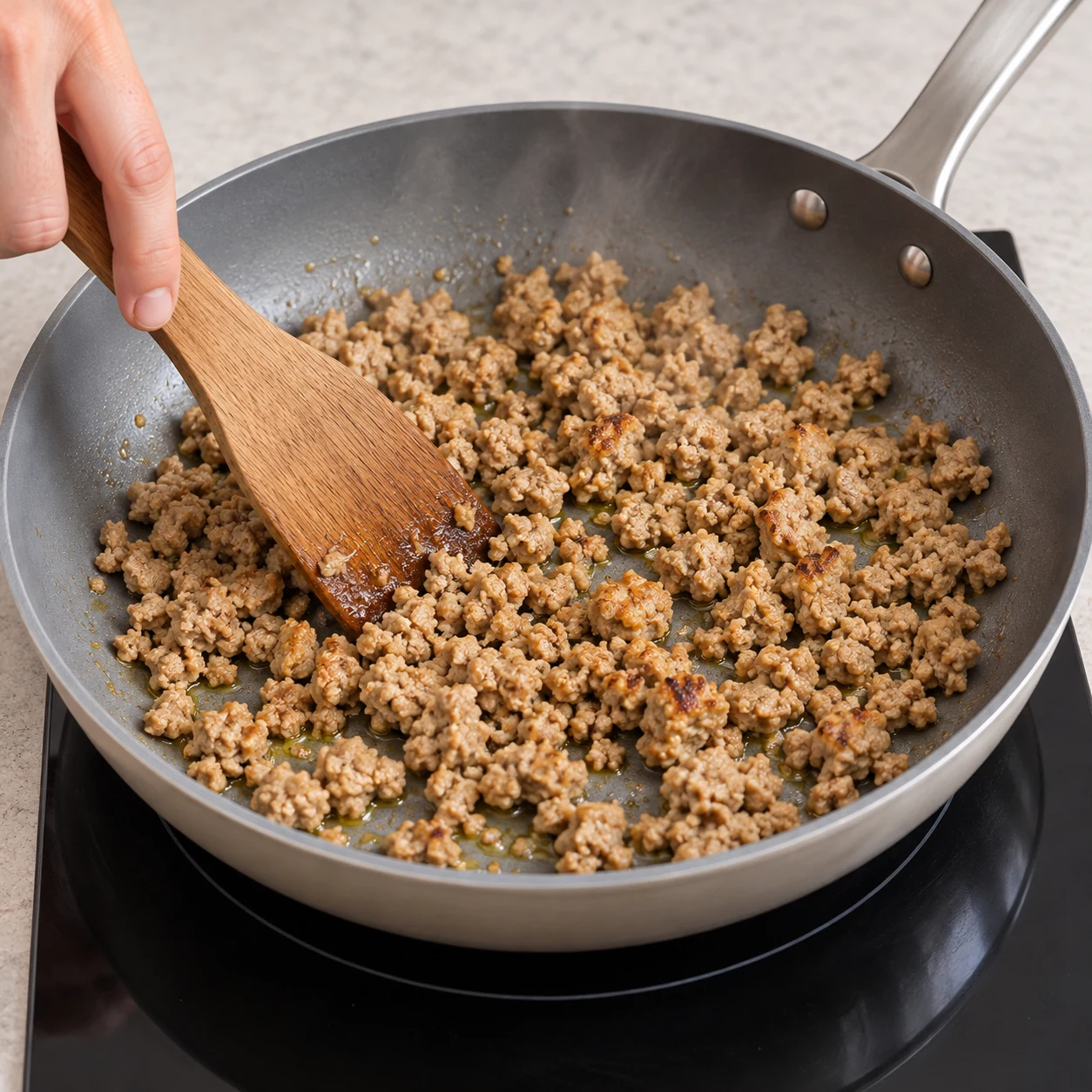 Faites revenir le haché végétal émietté dans une poêle chaude avec un filet d’huile d’olive. Montrer seulement cette action et les ingrédients déjà présents.