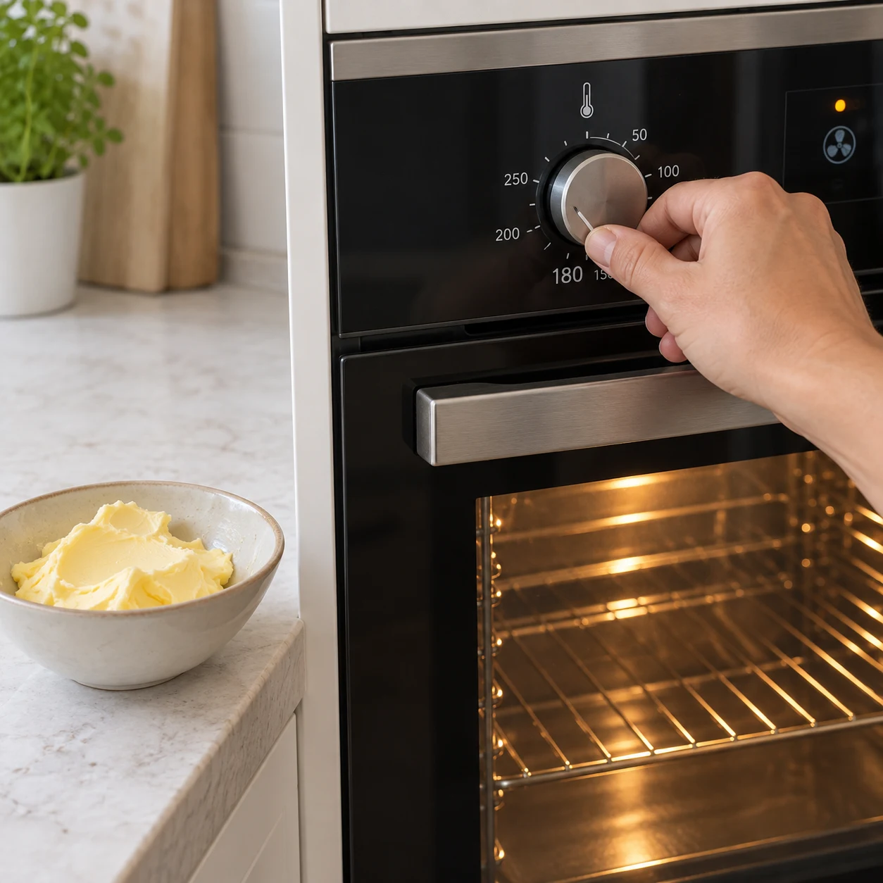Une main adulte anonyme règle un four pour le préchauffer ; un petit bol de margarine végétale ramollie attend sur le plan de travail, sans autre aliment.