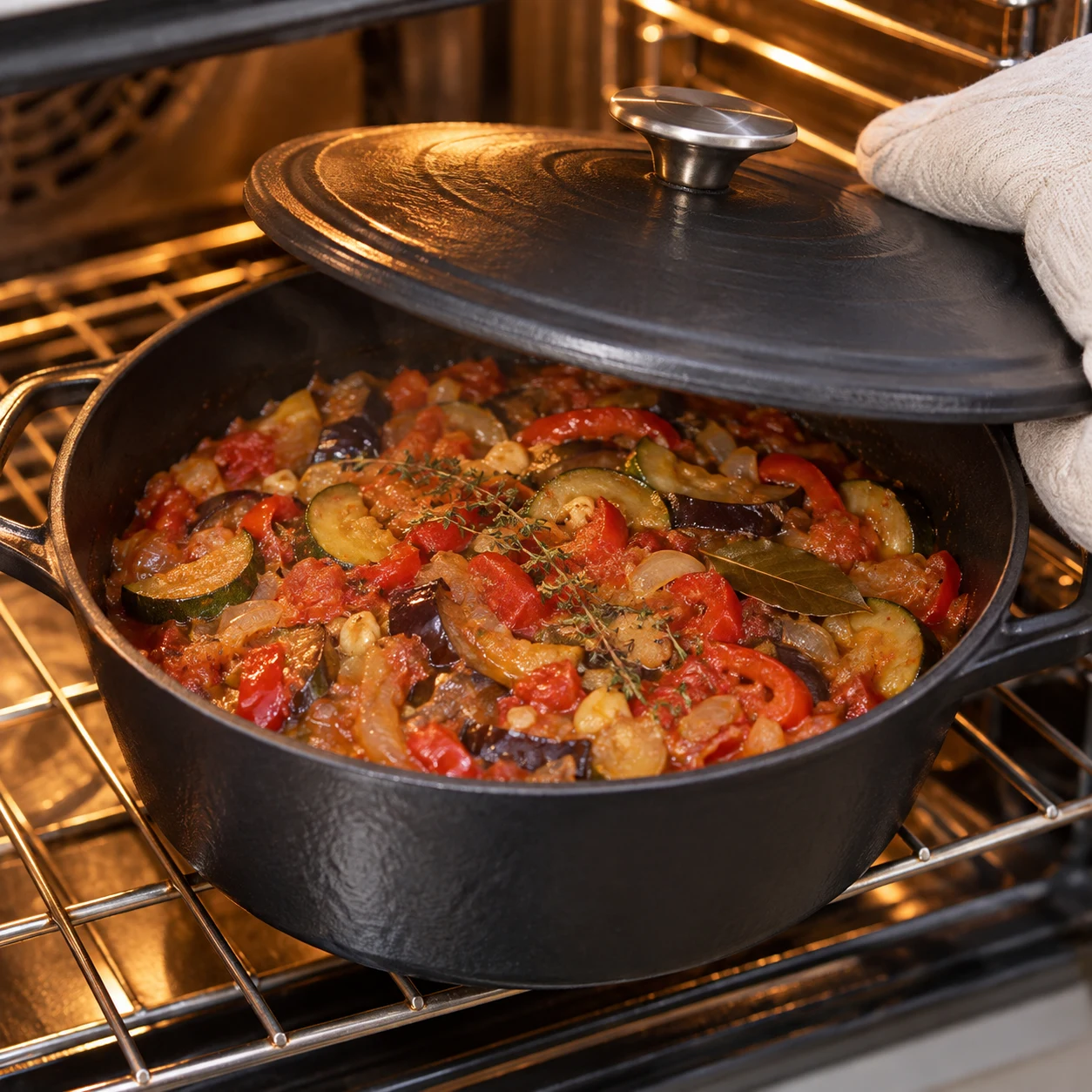 Confire au four : Les légumes sont fondants et forment une compotée.