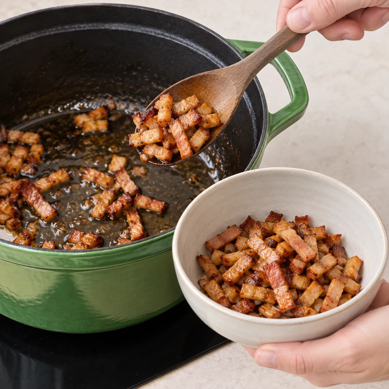 Cuillère transférant des petits lardons végétaux fumés cuits beige brun de la cocotte verte vers bol neutre.
