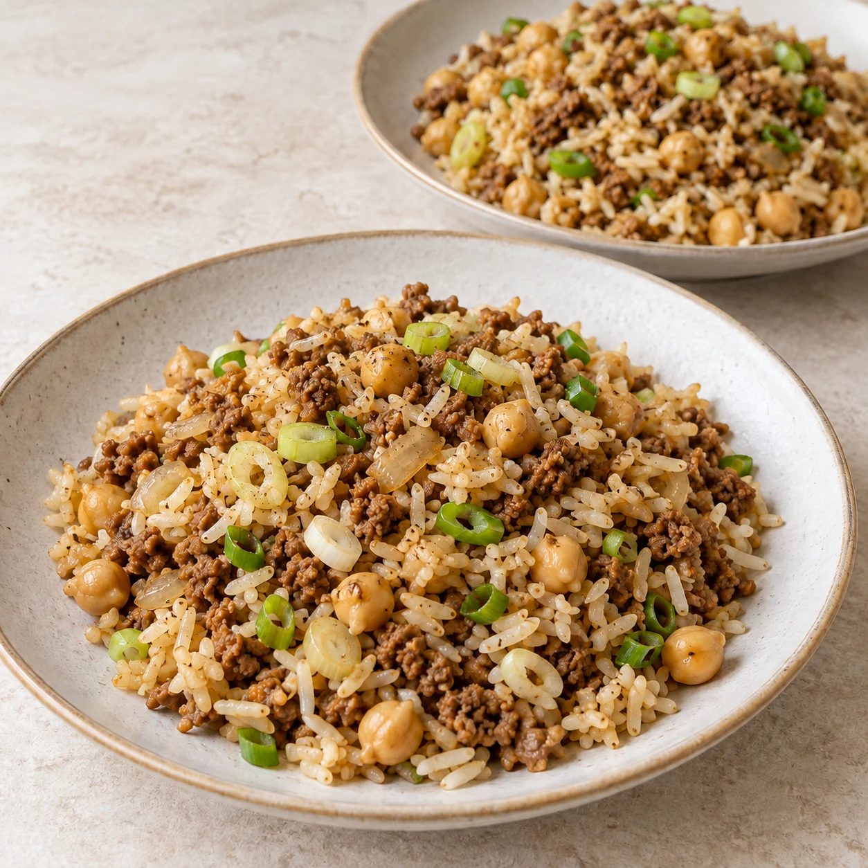 Répartissez le riz sauté encore chaud entre 2 à 3 portions, en gardant dans chaque assiette le haché de soja, les pois chiches et la cébette. Résultat visuel : Chaque portion contient du riz, du haché de soja, des pois chiches et de la cébette. Montrer seulement les ingrédients de cette étape, sur plan de travail pierre pâle ; pas de viande, pas d’œuf, pas de tofu.