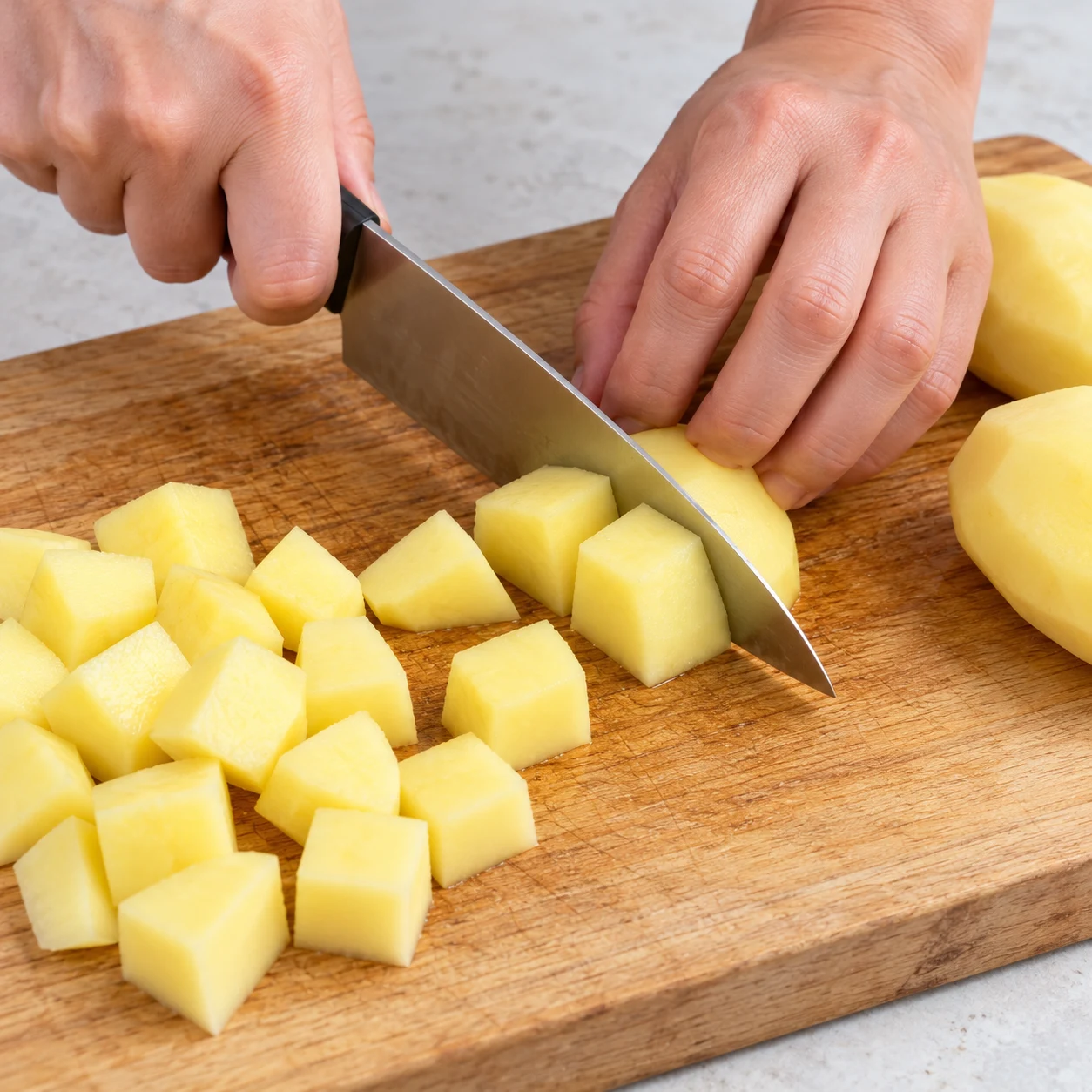 Couteau coupant une pomme de terre pelée en cubes, prise en griffe sûre.