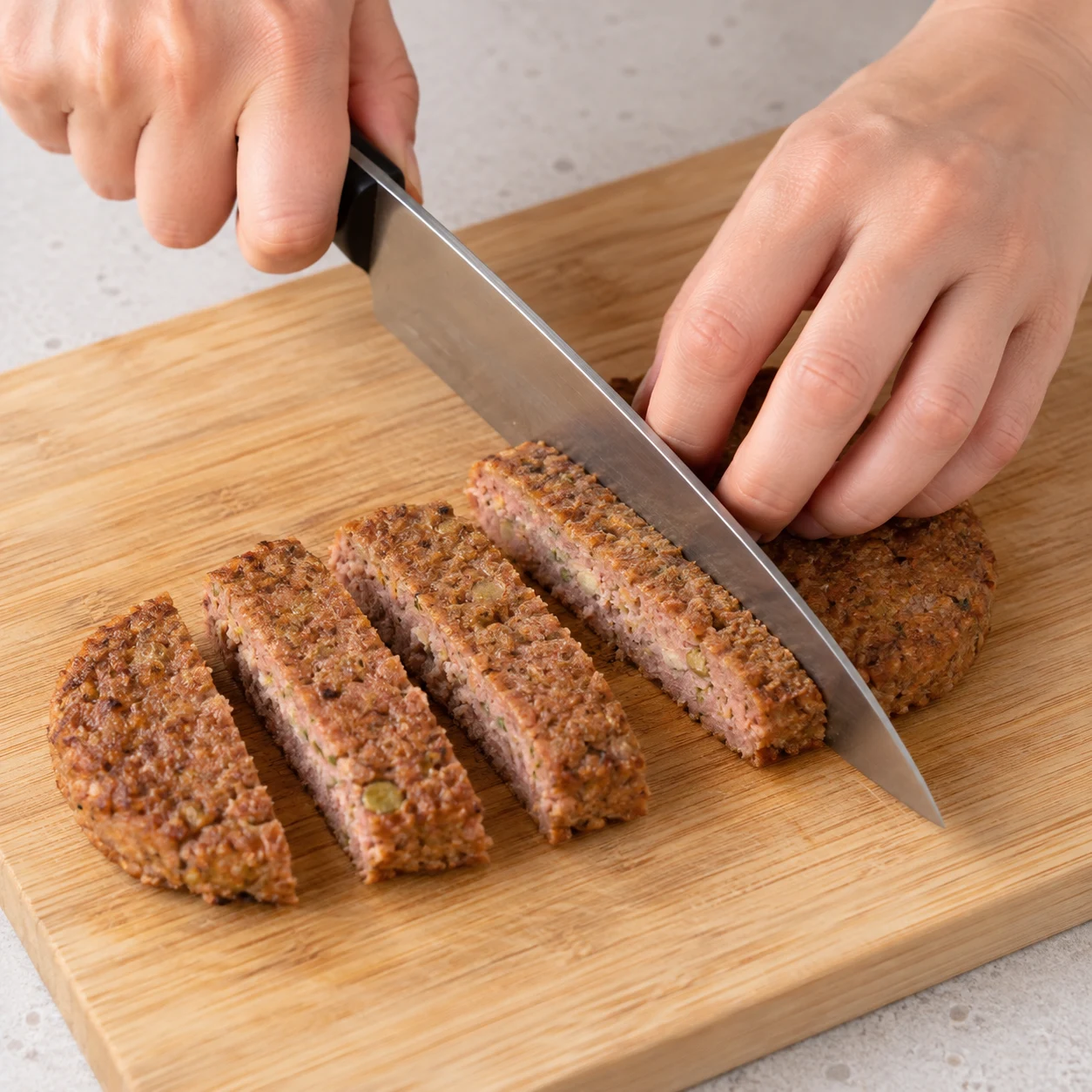 Steak végétal brun rosé de pois et fèveroles découpé en morceaux larges, doigts en griffe sûre.