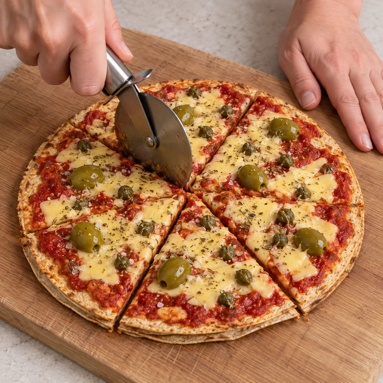 Roulette découpant la pizza végétale en parts sur planche ; mains anonymes sans bijoux, doigts loin de la lame.