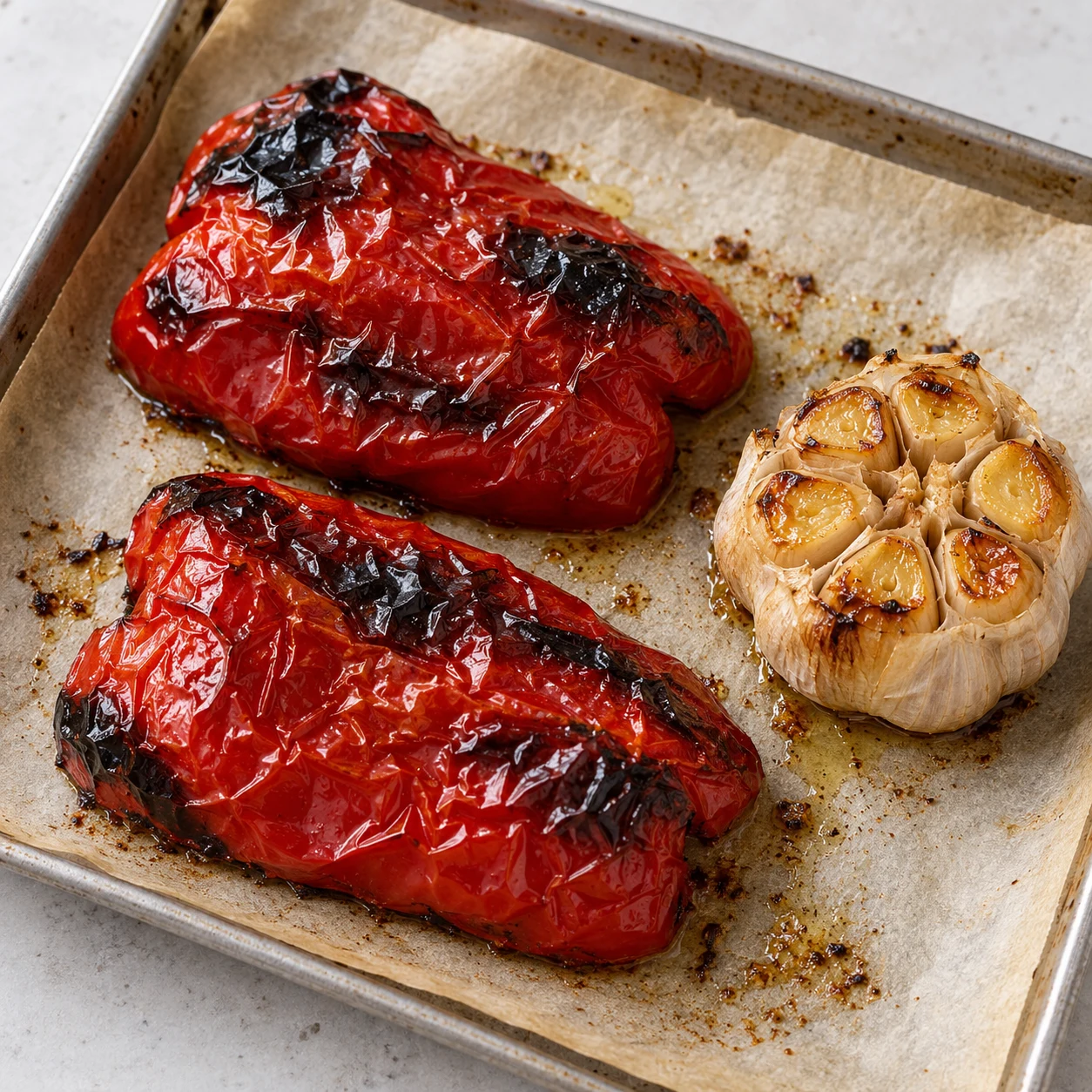 Sur une plaque de cuisson, deux moitiés de poivron rouge rôties à la peau cloquée et une tête d’ail dorée.