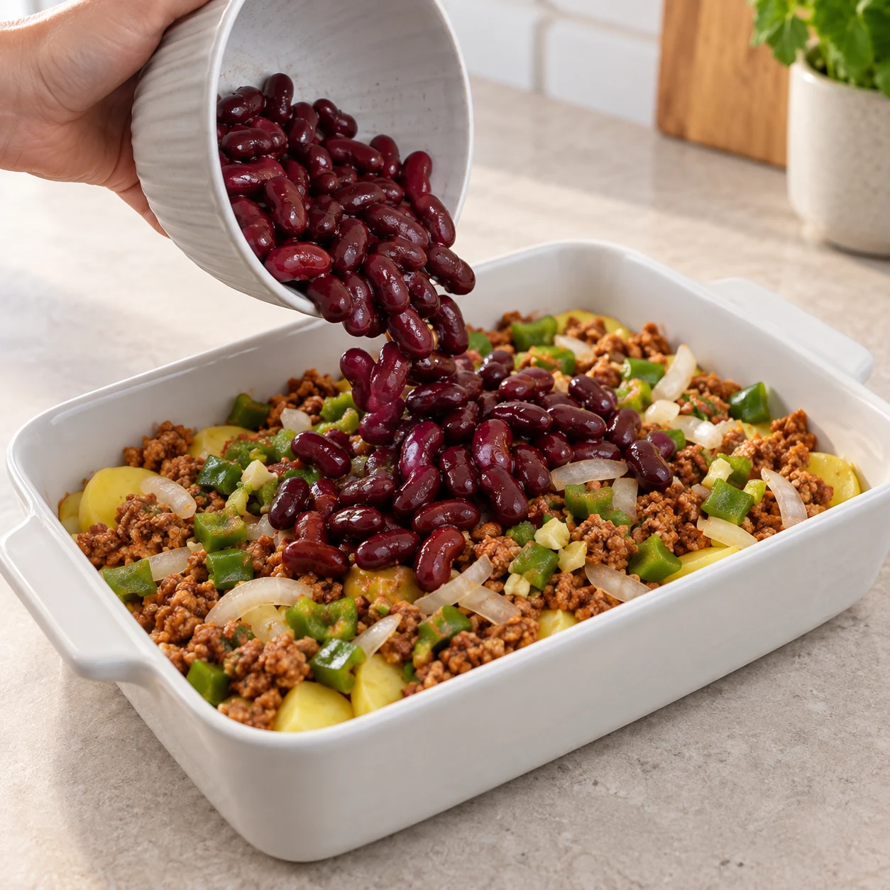 Ajouter les haricots rouges : Les haricots sont dans le plat sans liquide de conserve. Ingrédients visibles exclusivement : Pommes de terre, Haché végétal de soja cuisiné, Oignon émincé, Ail, Poivron vert en dés, Haricots rouges en conserve, égouttés.
