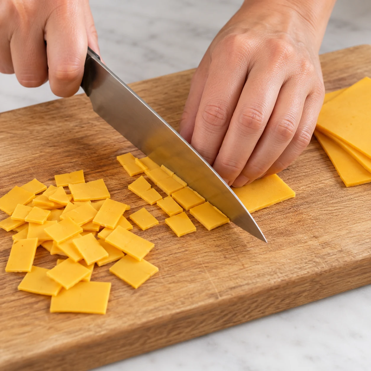 Petits morceaux jaune-orangé de tranchettes végétales découpés sur une planche stable avec un couteau ; prise sûre, mains adultes anonymes uniquement, aucune garniture de feta blanche.