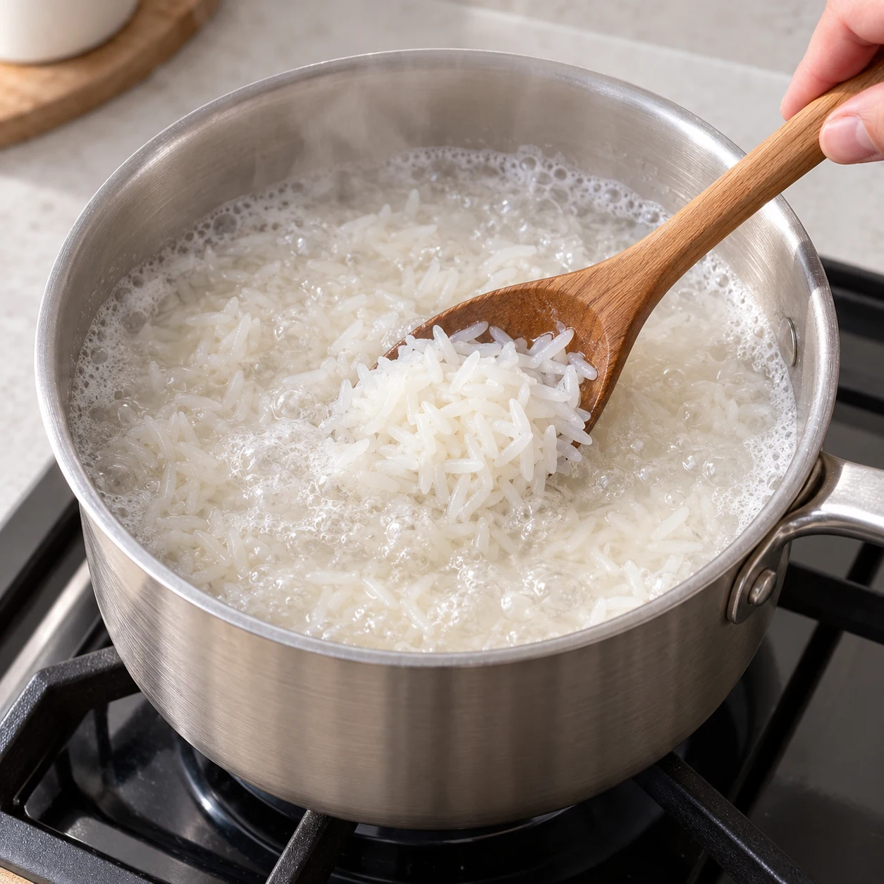 Une casserole de riz blanc en cours de cuisson dans l’eau, sans sauce ni légumes ; geste sourcé par la notice fournisseur et état des grains référencé par la recette d’origine.
