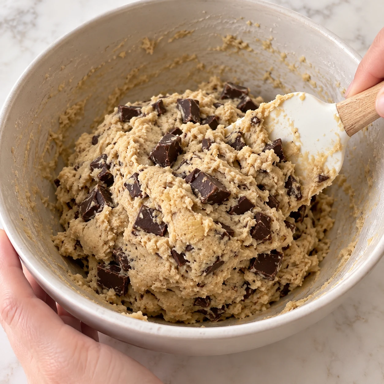 Spatule incorporant des morceaux de chocolat dans une pâte épaisse beige, boule en formation.