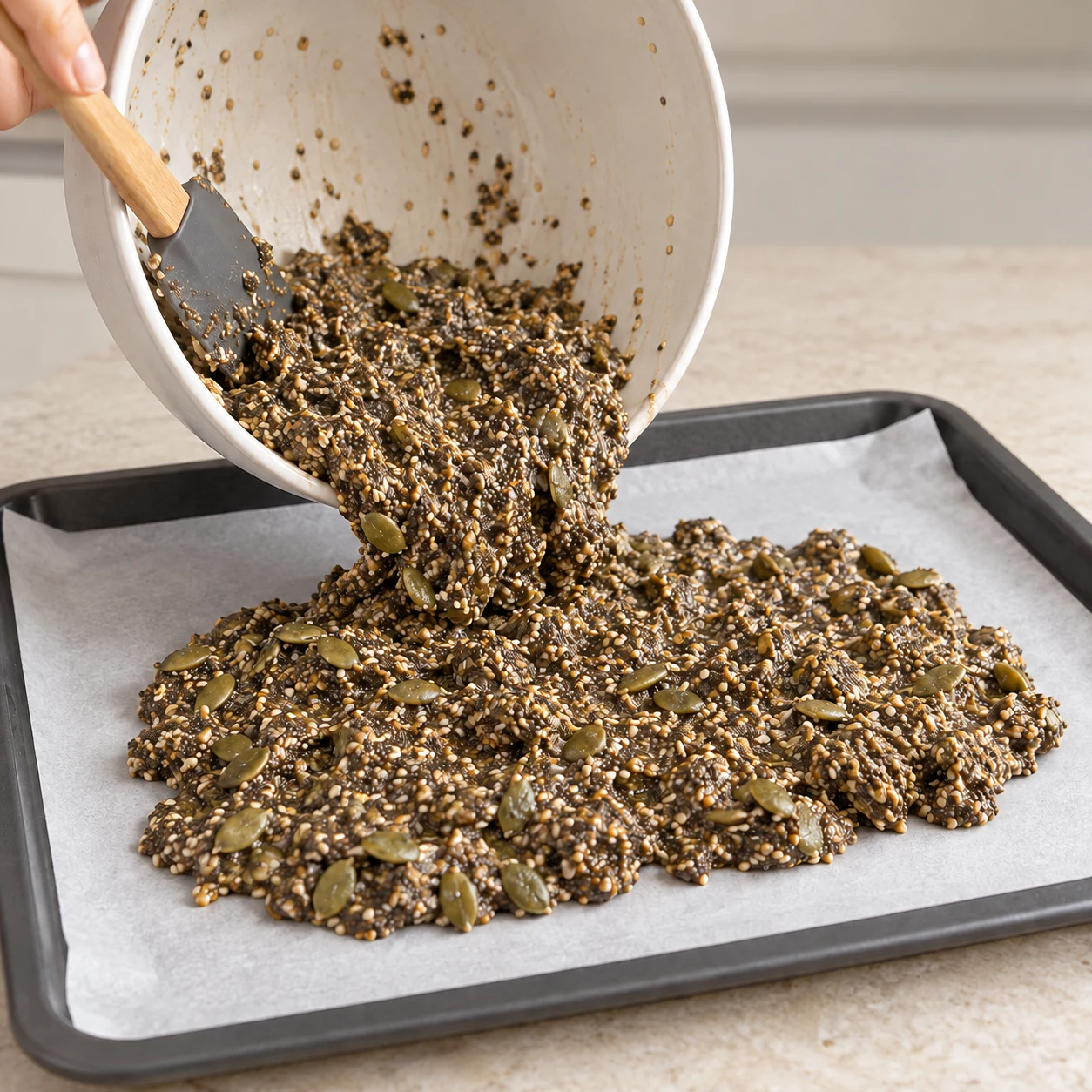 Mélange de graines déposé sur une plaque avec papier cuisson.